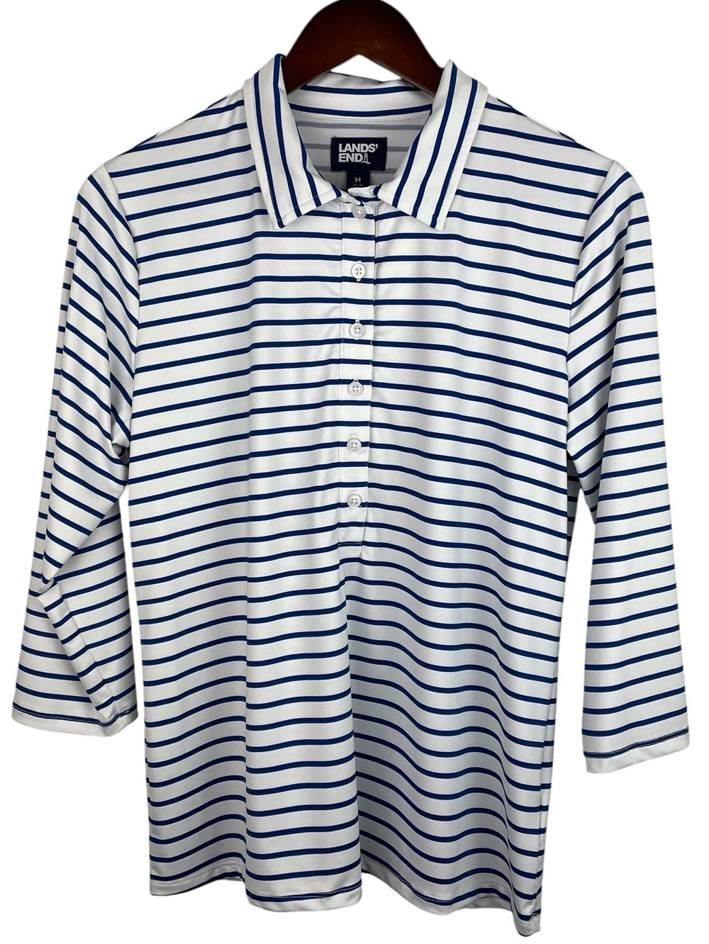 Lands End | White Blue Stripe 3/4 Sleeve Popover Top